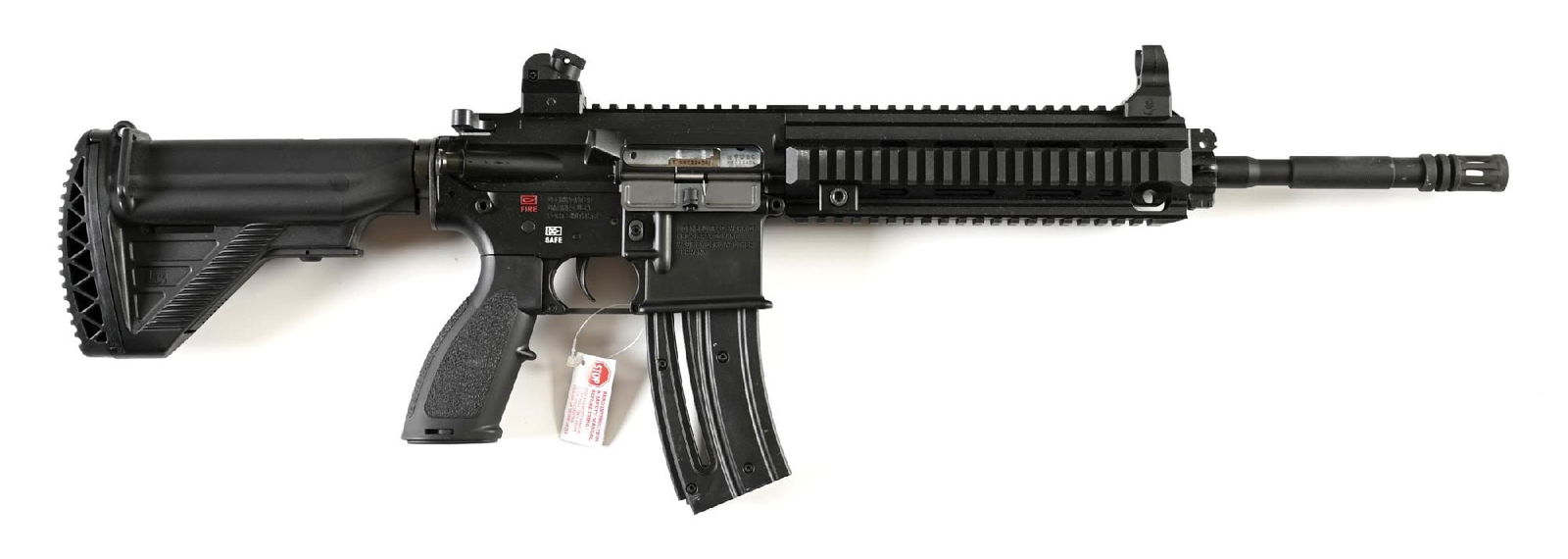 (M) HECKLER & KOCH 416 SEMI-AUTOMATIC TARGET RIFLE.: Made by Walther for Heckler & Koch. Standard configuration with HK marked M4 style 4 position stock, and HK style diopter sights. CONDITION: Very good, shiny bore. Accessories: Box Barrel Length: 16"