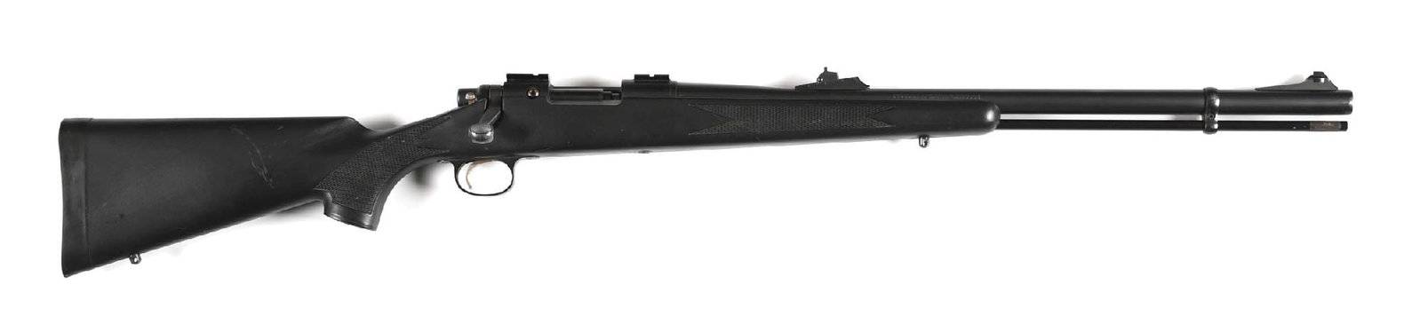 (M) REMINGTON MODEL 700 ML INLINE BLACK POWDER RIFLE.: Features include full length ramrod, ramped blade front sight, adjustable rear sight, picatinny rail scope bases, checkered composite stock, sling eyes, and factory black recoil pad. Although this is 