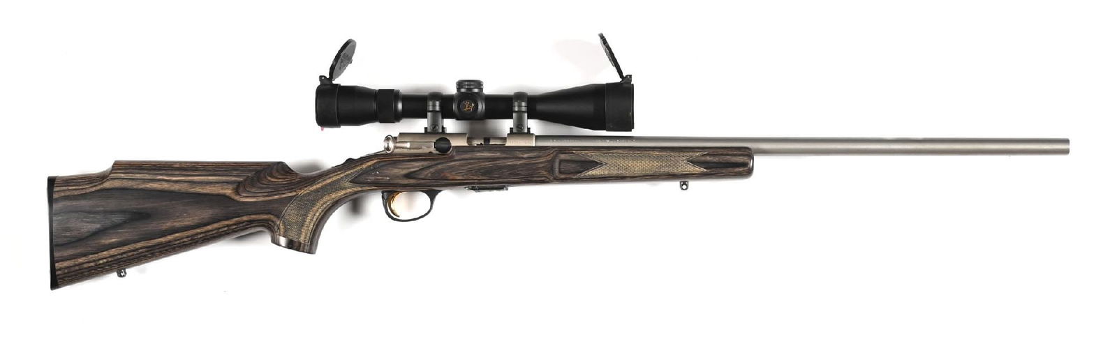 (M) BROWNING T-BOLT ACTION RIFLE IN .17 HMR.: Manufactured in 2008. Features include matte stainless finish, checkered laminate stock, sling eyes, and Browning marked buttplate. Mounted with a Nikon 3-9x variable power scope. CONDITION: Very good