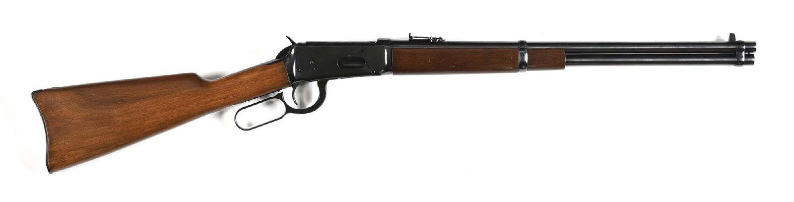 (C) PRE-WAR WINCHESTER MODEL 1894 SADDLE RING CARBINE IN .25-35.: Dates to 1924. Standard carbine features the full length magazine tube, pinned blade on post front sight, Winchester carbine ladder rear sight, two bands, saddle ring and stud, walnut stock with metal