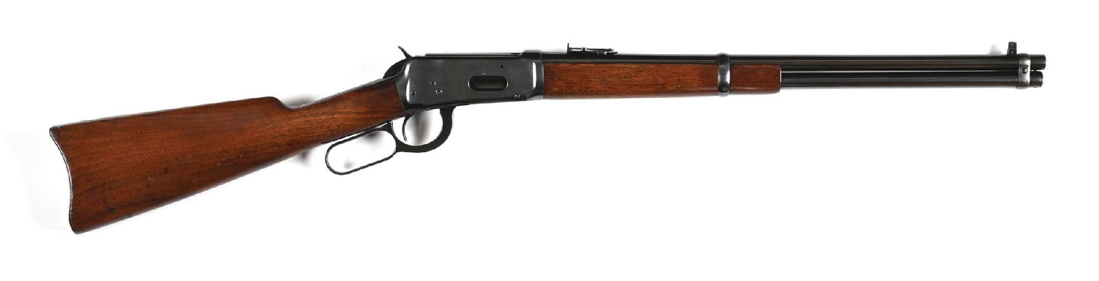 (C) PRE-WAR WINCHESTER MODEL 94 SADDLE RING CARBINE IN .32 WS.: Dates to 1925. Standard features include the pinned blade on base front sight, two bands, full length magazine tube, blue finish, saddle ring and stud, and folding ladder rear sight. Walnut stock spor