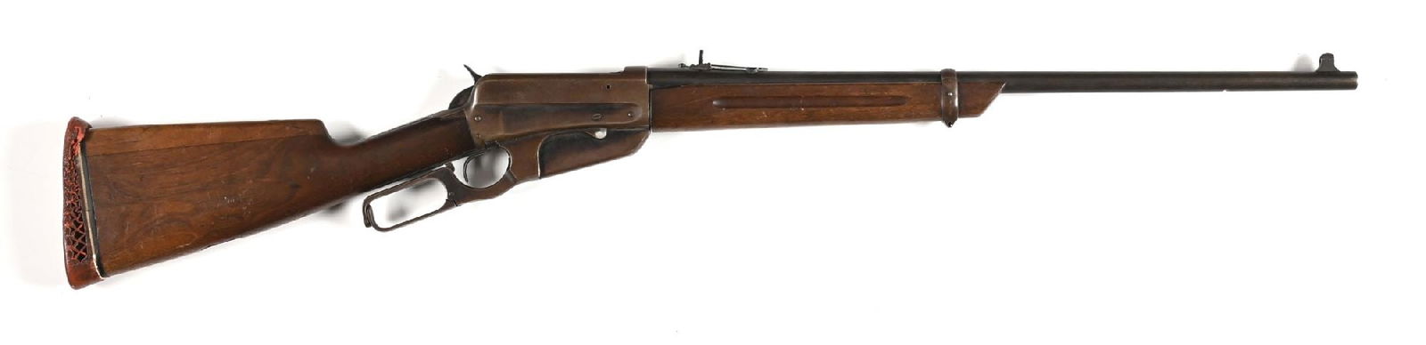 (C) WINCHESTER 1895 .30-06 LEVER ACTION RIFLE.: Dates to 1914. This appears to be an altered musket or built using musket parts, such as the cut down finger grooved forearm, a stock with spliced comb and added rubber pad, empty swivel cut in stock,