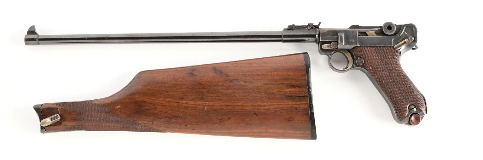 (C) LONG BARREL DWM LUGER SEMI-AUTOMATIC RIFLE.: Aftermarket barrel and rear stock. The barrel has been numbered to the gun. The stock iron has no number on it. Tall front sight and an eight position artillery rear sight. Two piece checkered wood gr