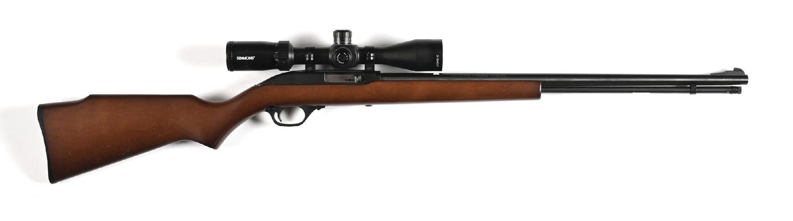 (M) MARLIN MODEL 60 SEMI-AUTOMATIC RIFLE.: Features the blue finish, full barrel, ramp front sight, plain walnut stock with pistol grip, Monte Carlo comb, and black Marlin butt plate. Rear sight has been removed and now sports a Simmons 3-9x40