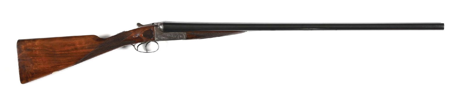 (C) ARMSTRONG SIDE BY SIDE BOXLOCK SHOTGUN.: Features include steel bead on plain concave rib, extractors, automatic safety, dual triggers, checkered splinter forearm, checkered straight grip walnut stock, and checkered butt. CONDITION: Good. Me