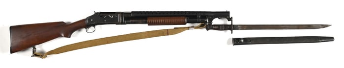 (C) ASSEMBLED WWII WINCHESTER MODEL 97 SLIDE ACTION TRENCH SHOTGUN WITH BAYONET.