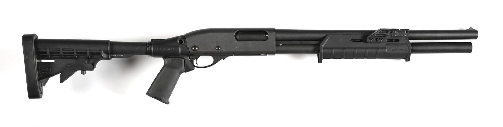 (M) REMINGTON 870 EXPRESS MAGNUM SLIDE ACTION SHOTGUN.: MagPul MOE forearm with flashlight attachment point, MESA Tactical pistol grip and tube adaptor, with five position buffer and S&W branded M4 style stock. Typical legends for a Remington with 3" chamb
