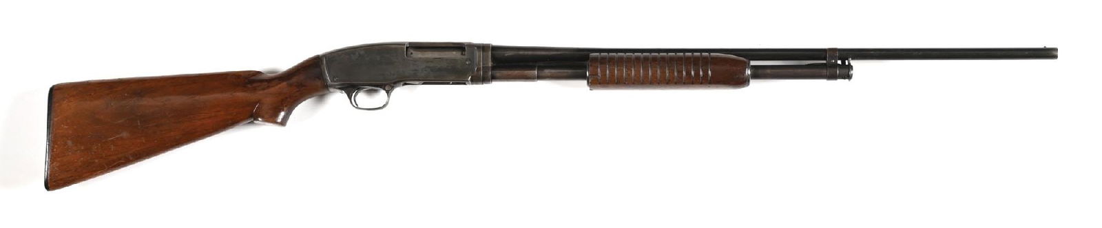 (C) WINCHESTER MODEL 42 .410 FIELD GRADE SLIDE ACTION SHOTGUN.: Dates to 1951. Standard blue finish, takedown, plain barrel with bead front sight, plain walnut stock with pistol grip, black Winchester butt plate, and flat bottom grooved forearm. CONDITION: Very go