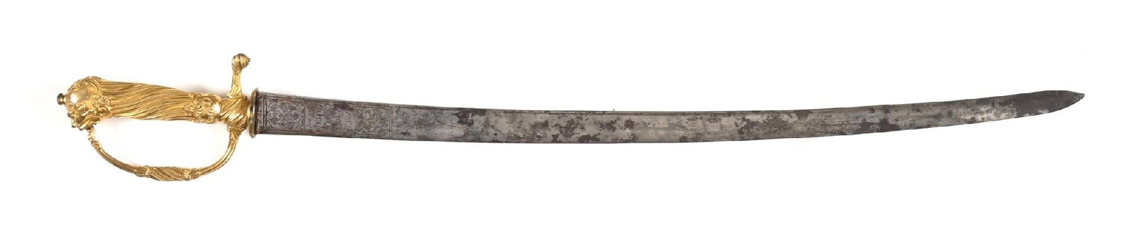 COMPOSITE SWORD WITH SPANISH BLADE AND A LATER HILT.: Clip point blade with partial lightening full at last 6". With incised designs of animals above the ricasso, ricasso with geometrics and "Pro / Deo / et / Patria" (trans: For God and Country). Elabora