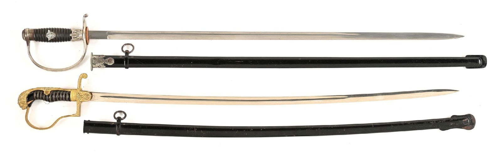 LOT OF 2: THIRD REICH HEER AND POLIZEI SWORDS.: Lot consists of: (A) Third Reich M36 SS Polizei sword marked "Herm. Rath, Solingen" above the SS emblem in a diamond marking. The blade remains bright and exhibits scattered blemishes. Leather washer