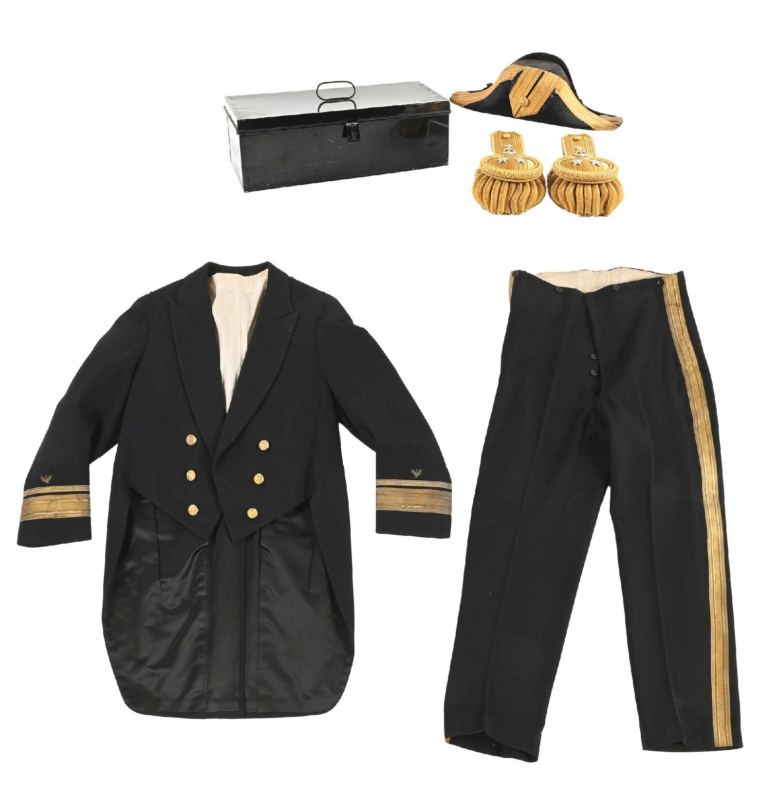 US NAVY UNIFORM GROUPING NAMED TO REAR ADMIRAL JOHN GODWIN TARESEY.: 1920s uniform named to Rear Admiral John Godwin Tawresey. Uniform is named on interior label "J.G. TAWRESEY" 3/24/25" and features rare naval constructor insignia. The uniform comes with his rear admi