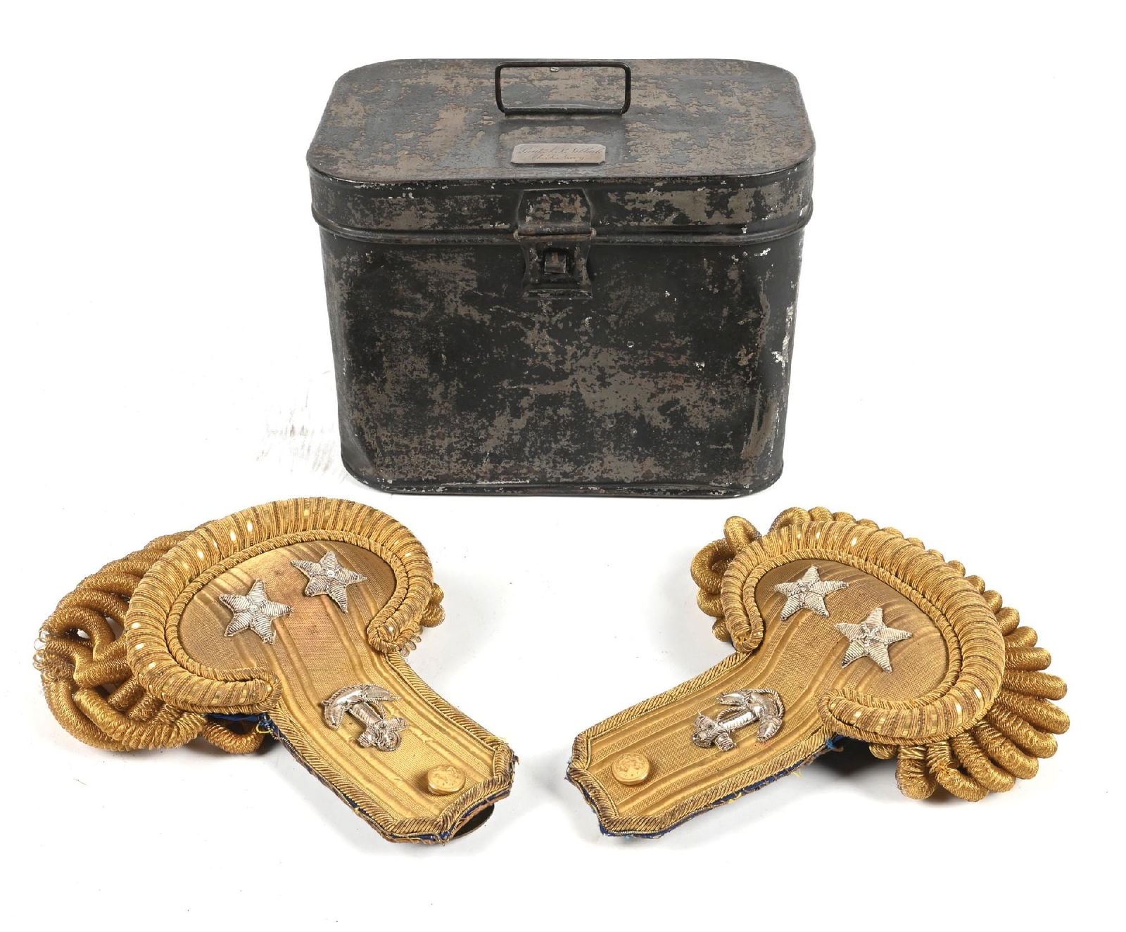 CASED REAR ADMIRAL EPAULETTE SET NAMED TO ALBERT PARKER NIBLACK.: Circa 1920s ID'd Rear-Admiral bullion epaulettes of Albert Parker Niblack. The epaulettes are contained in a Japanned tin carrying case that is lined in red felt and bears a brass plaque on the lid wi