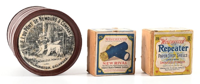 PAIR OF VINTAGE WINCHESTER TWO PIECE PAPER SHOT SHELLS AND A 5LB DUPONT TIN POWDER CAN.