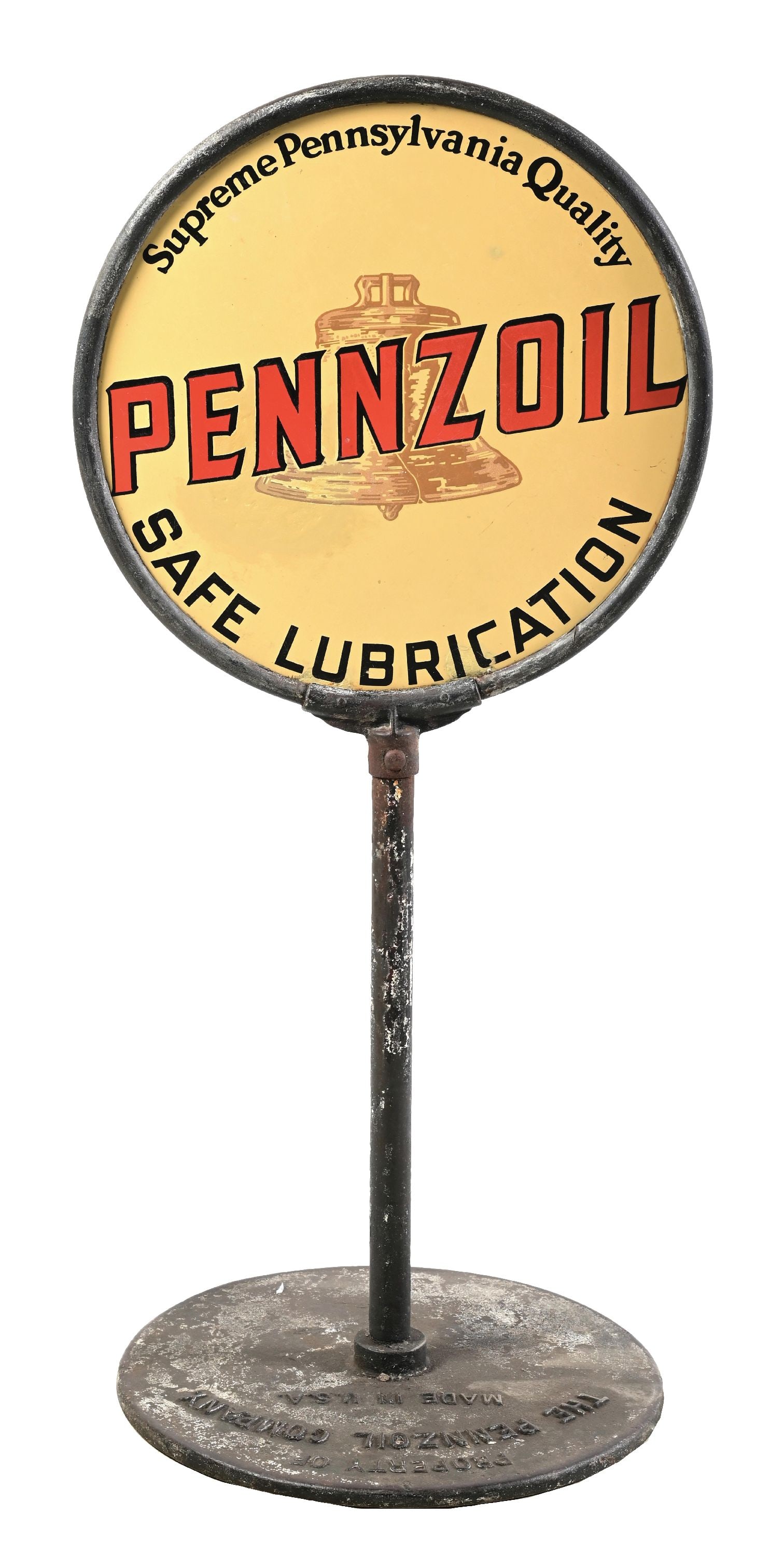 PENNZOIL SAFE LUBRICATION PORCELAIN LOLLIPOP SIGN WITH ORIGINAL CAST IRON BASE (1 of 7)