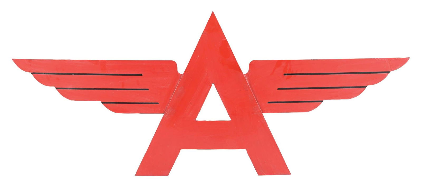 FLYING A GASOLINE DIE-CUT PORCELAIN SIGN: SSP. C. 1940s. CONDITION: Sign shows excellent color & gloss throughout the field, with moderate touch-ups done at the edges of the "A" where it meets the wings, as well as at the tips of each wings w