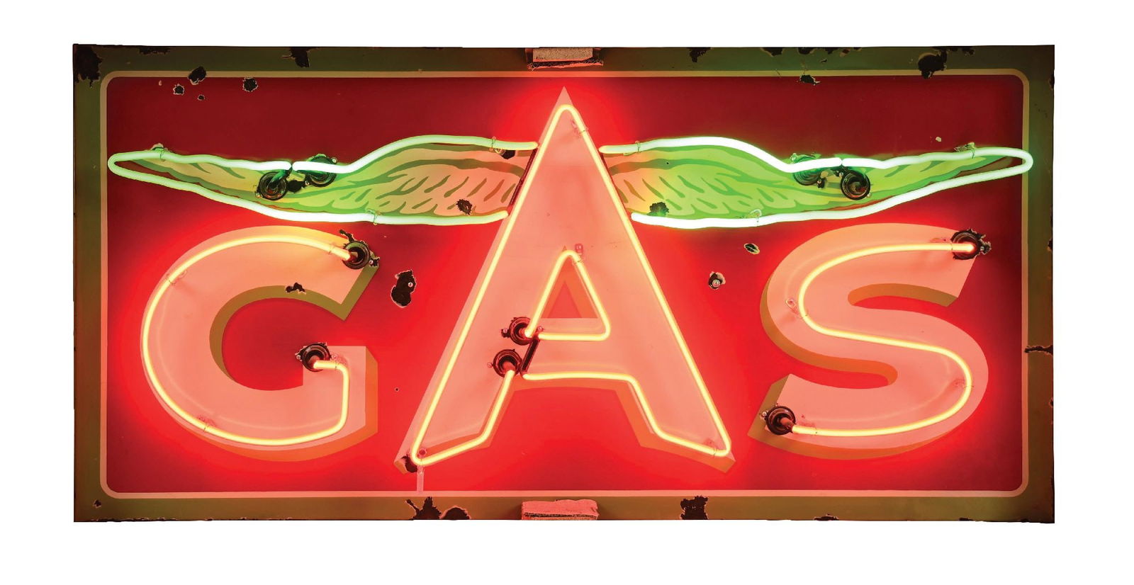 ASSOCIATED FLYING A "GAS" PORCELAIN NEON SIGN: SSP. C. 1930s. CONDITION: Sign showing very good color and gloss throughout the field, with moderate areas of field chipping as well as chipping at the insulator holes and along the outer edges. Sign