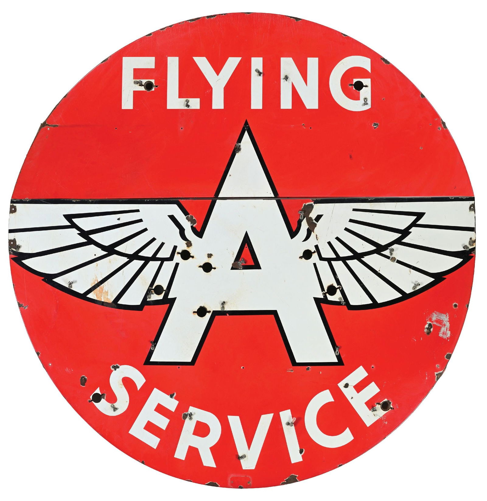FLYING A SERVICE TWO-PIECE PORCELAIN NEON SIGN: SSP. Two-Piece Porcelain Neon Sign for Flying A Service showing large Flying A graphic with cookie cutter outer edge. CONDITION: Very good color and gloss throughout each piece, with some moderate are