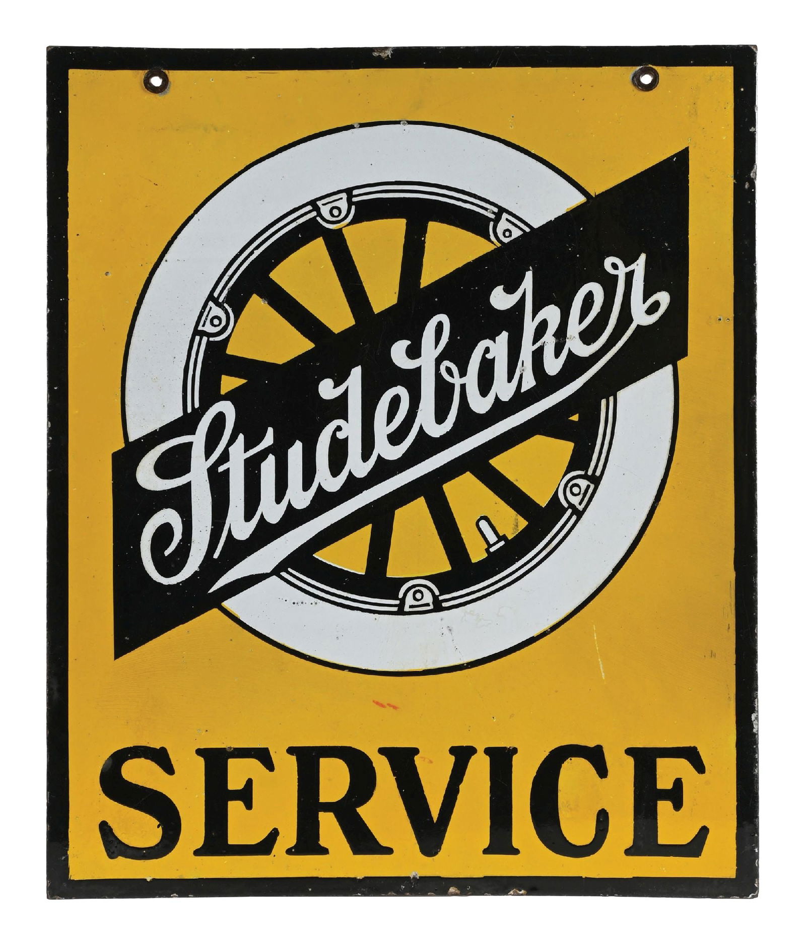 RARE STUDEBAKER SERVICE PORCELAIN SIGN W/ WHEEL GRAPHIC: DSP. C. 1920s. CONDITION: Original showing excellent color & gloss throughout the field of each side, with unique Studebaker script as well as Tire graphic. Light areas of minor surface wear, showing