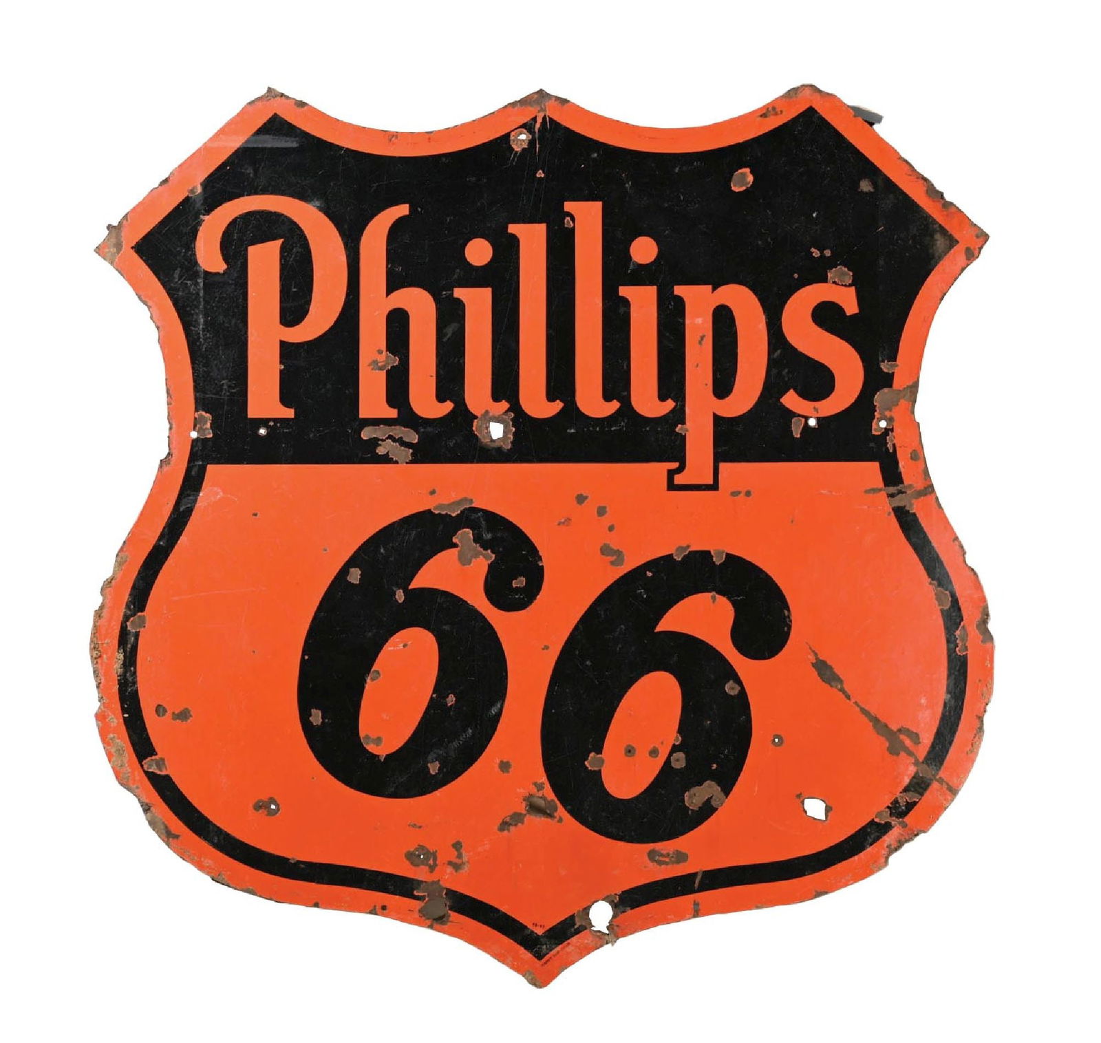 PHILLIPS 66 GASOLINE PORCELAIN SHIELD SIGN.: DSP. Maker Marked Veribrite & Dated 1947. CONDITION: Sign shows good color & gloss throughout each side with an excellent original patina showing heavy wear and chipping with areas of bullet holes in