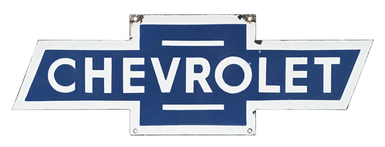 RARE CHEVROLET AUTOMOBILES PORCELAIN BOW TIE SIGN: SSP. A rare, larger variation of this figural Bow Tie from Chevrolet Automobiles. CONDITION: Excellent color & gloss throughout the field with minimal nicks in the field at the right. Light chipping a