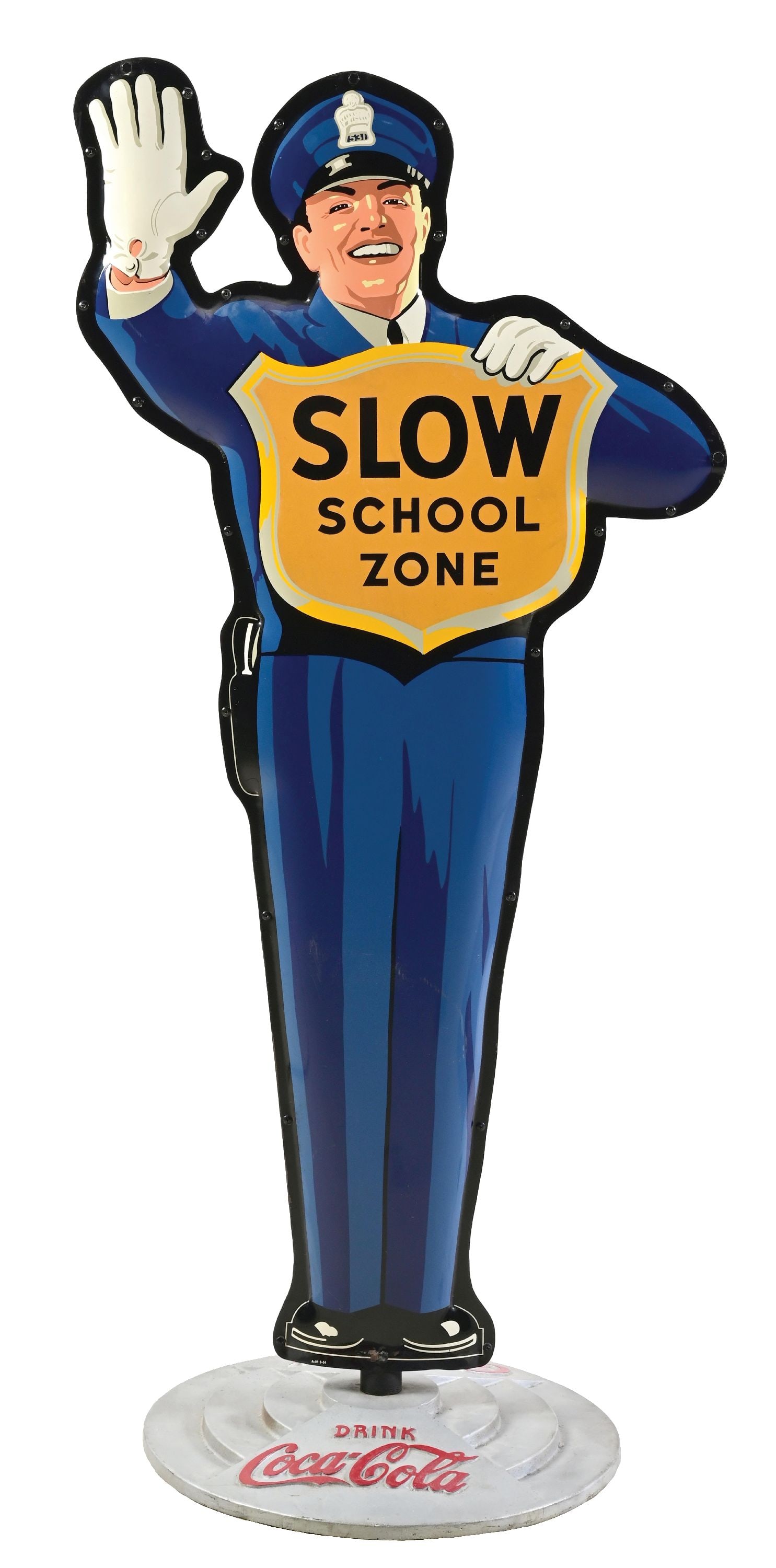 COCA-COLA "SLOW SCHOOL ZONE" TIN POLICE OFFICER SIGN ON COCA COLA BASE. (1 of 2)
