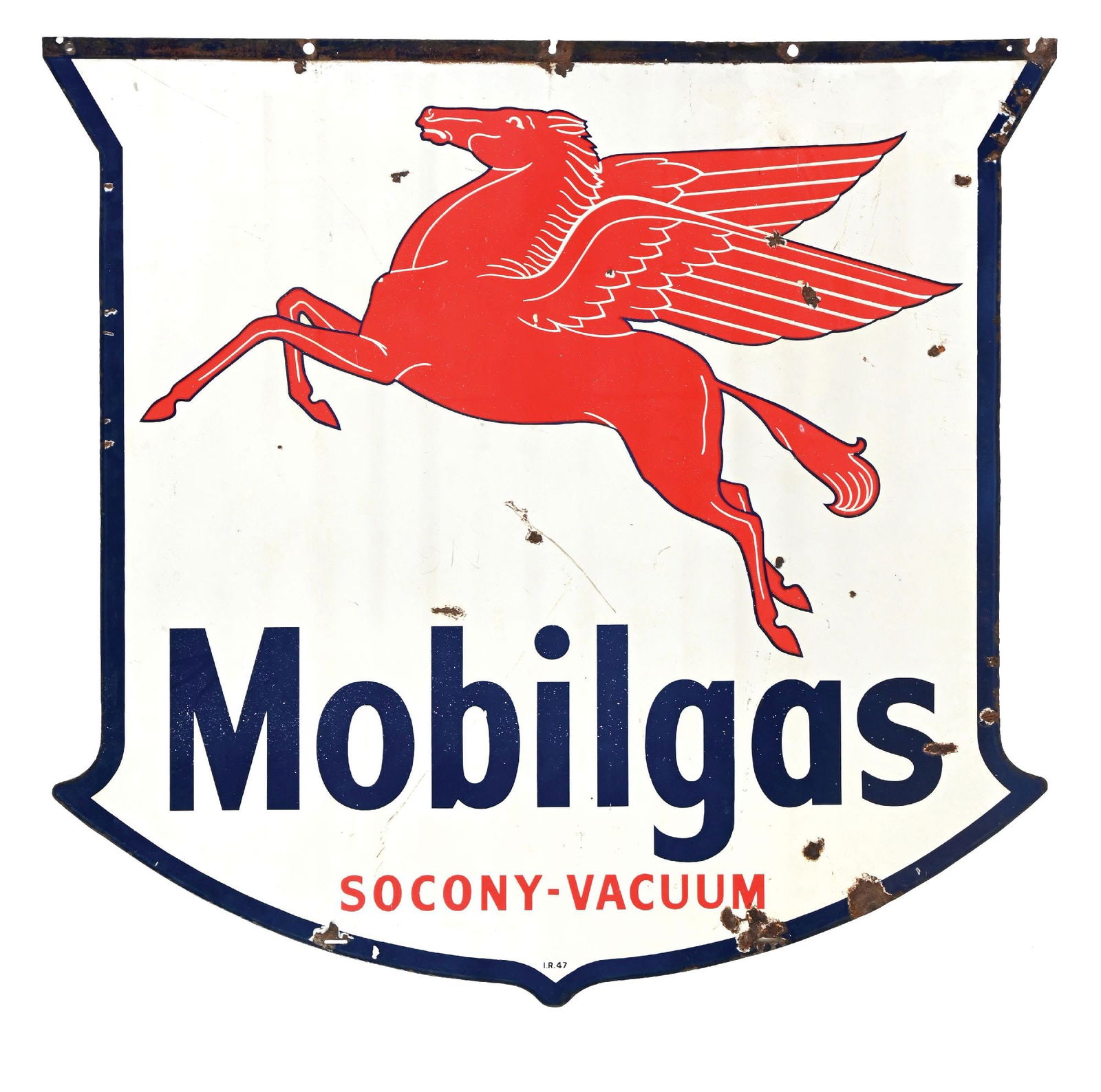 MOBILGAS PORCELAIN SHIELD SIGN WITH PEGASUS GRAPHIC.: DSP. Maker Marked Ingram Richardson & Dated 1947. CONDITION: Very good color & gloss throughout each side with areas of chipping and wear in the fields as well as along the outer edges. Upper edge sho