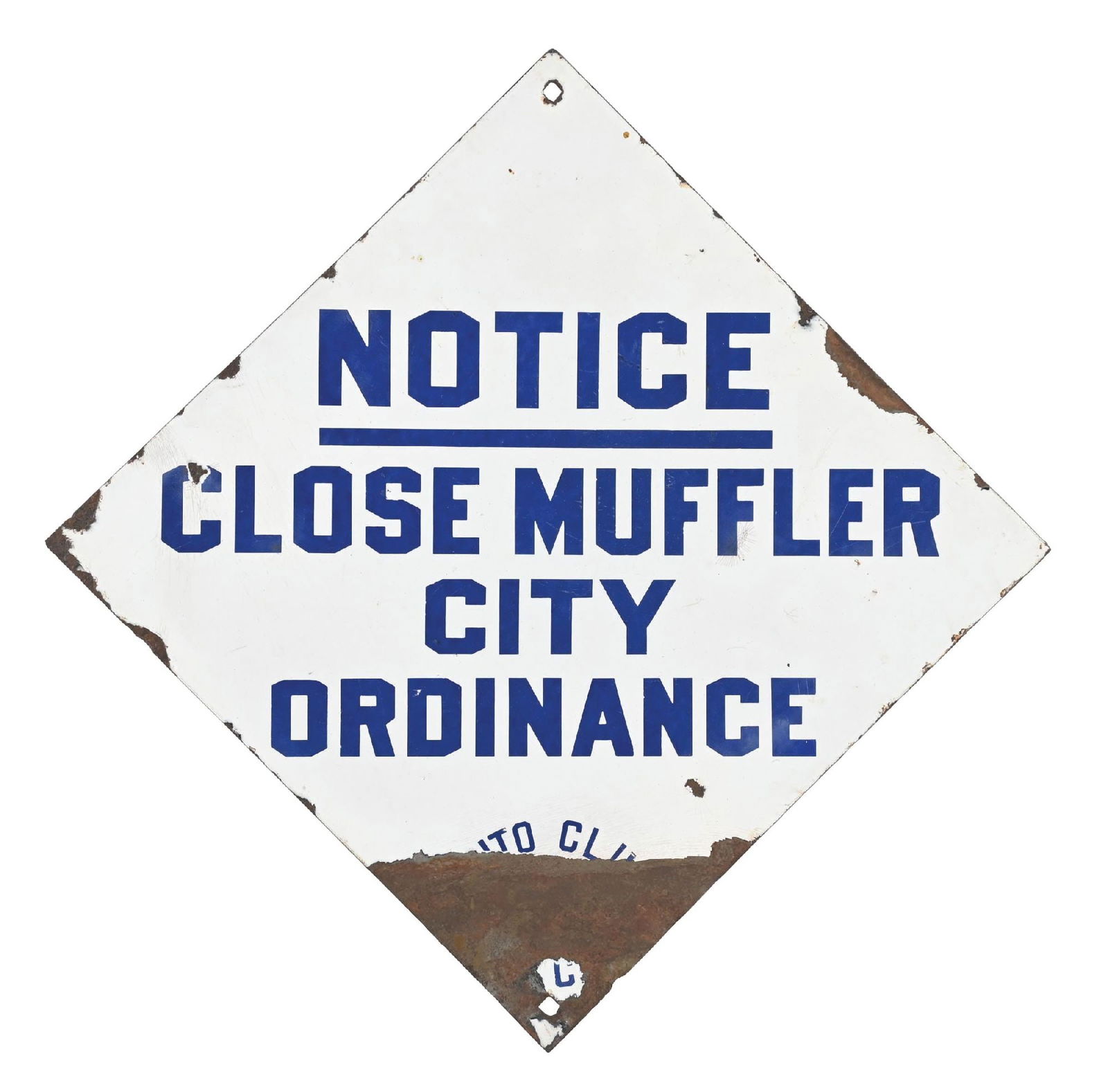 AUTO CLUB OF SOUTHERN CALIFORNIA CLOSED MUFFLER ORDINANCE PORCELAIN DIAMOND SIGN. (1 of 2)