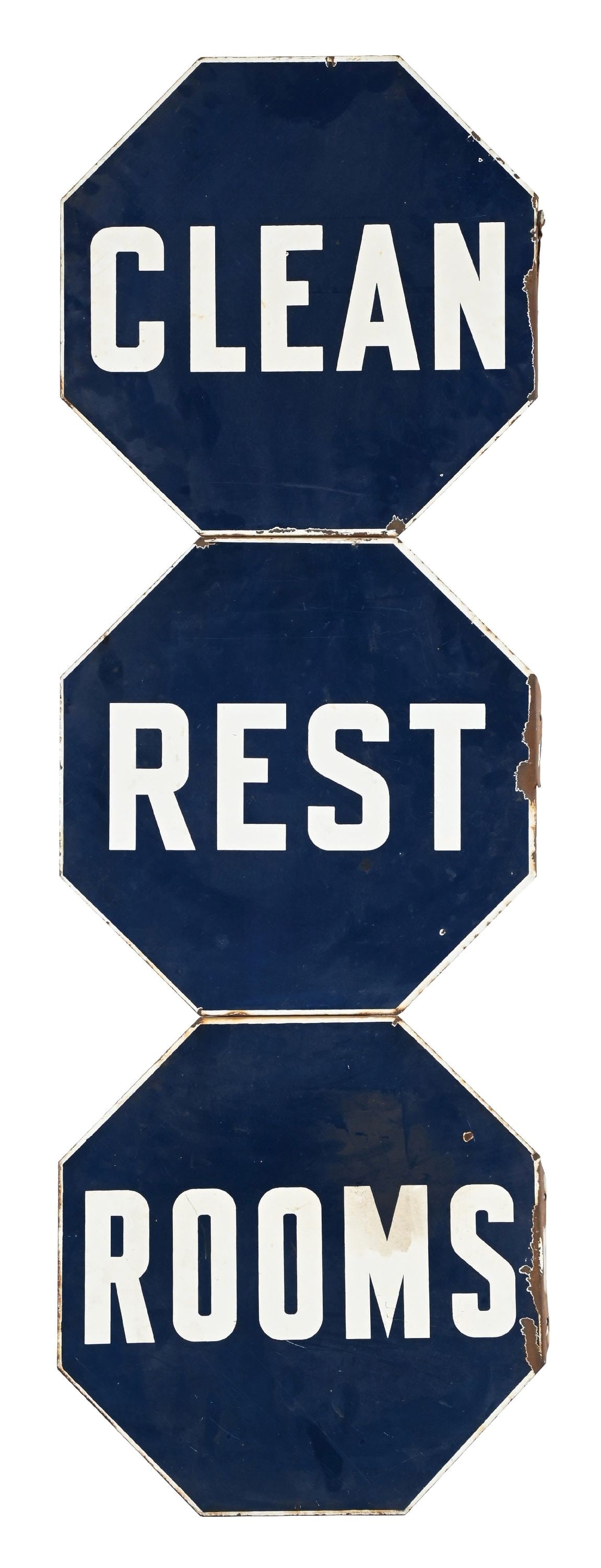 CLEAN REST ROOMS THREE PIECE PORCELAIN SERVICE STATION SIGN (1 of 2)