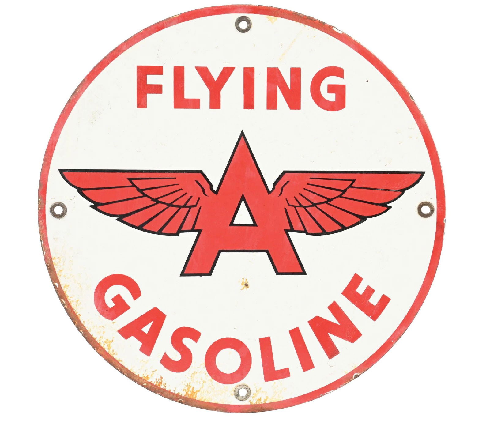 FLYING A GASOLINE PORCELAIN PUMP PLATE SIGN: SSP. C. 1950s. CONDITION: Overall good color and gloss throughout, showing one small chip in the lower field. Original grommets intact with light wear and staining along the outer edges. Condition: (8