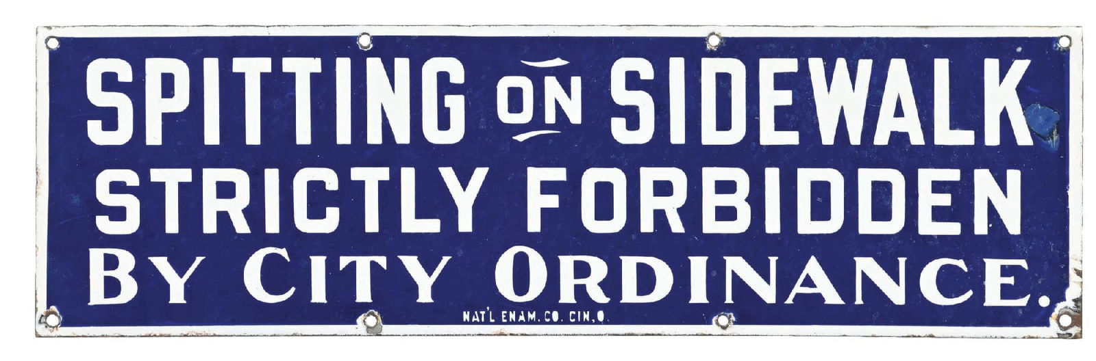 SPITTING ON SIDEWALK STRICTLY FORBIDDEN BY CITY ORDINANCE PORCELAIN SIGN (1 of 3)