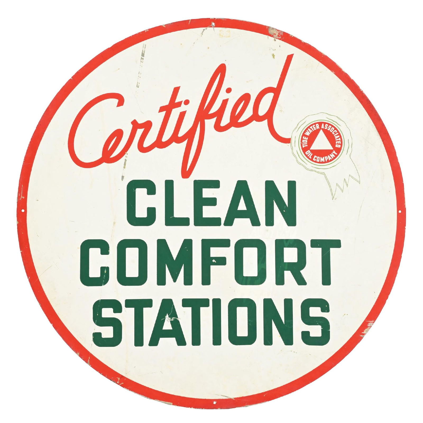 ASSOCIATED CERTIFIED "CLEAN, COMFORT STATIONS" TIN REST ROOM SIGN (1 of 2)