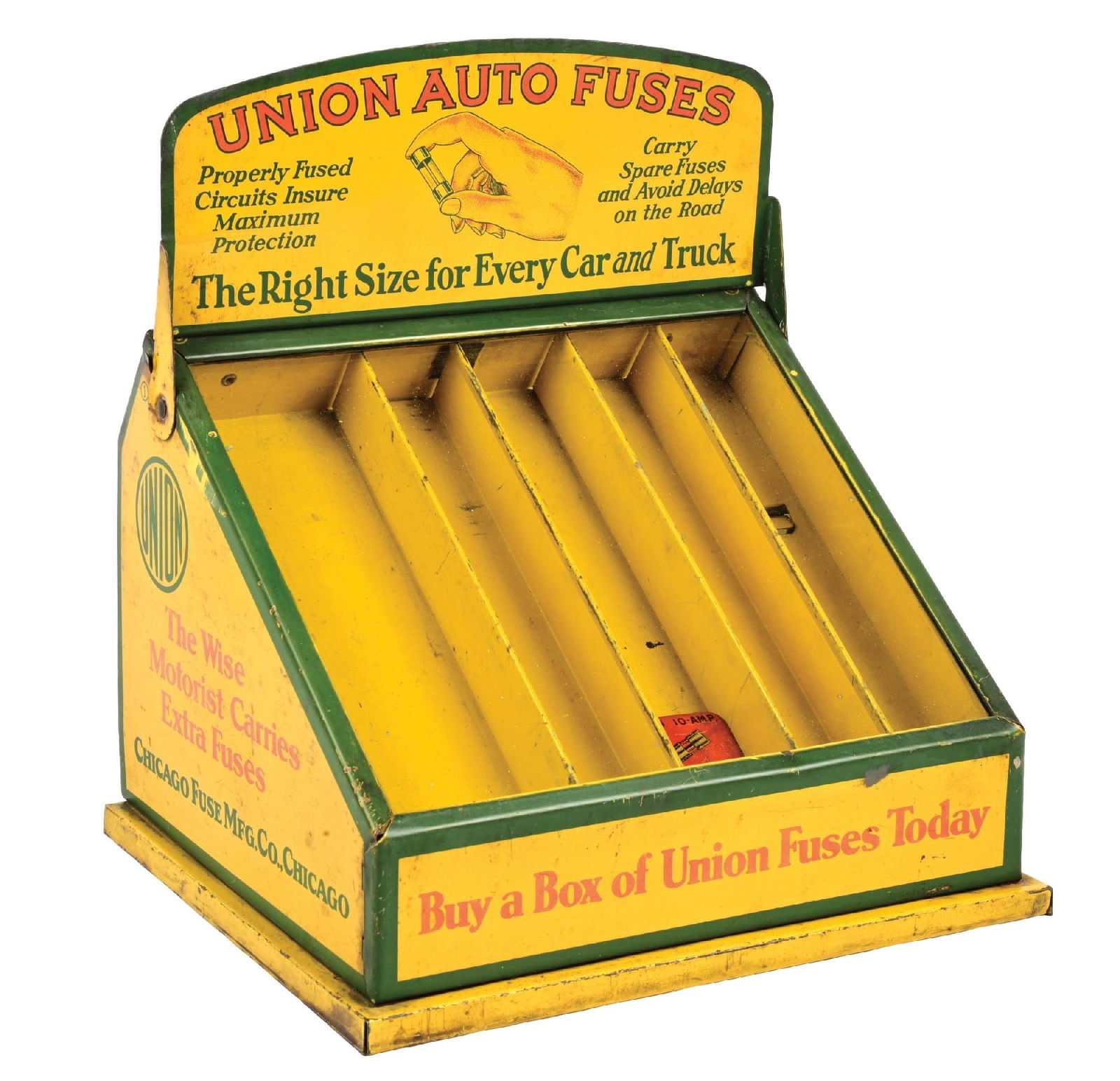 UNION AUTO FUSES TIN FUSE BOX STORE DISPLAY W/ GLASS FACE. (1 of 4)