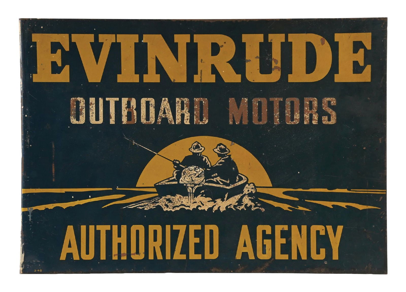 EVINRUDE OUTBOARD MOTORS AUTHORIZED AGENCY TIN FLANGE SIGN W/ BOAT GRAPHIC: DST. C. 1940s. CONDITION: Sign shows fair color throughout each side with some moderate areas of surface scratching and paint loss. Paint is sound with areas of surface scratching that may improve wit