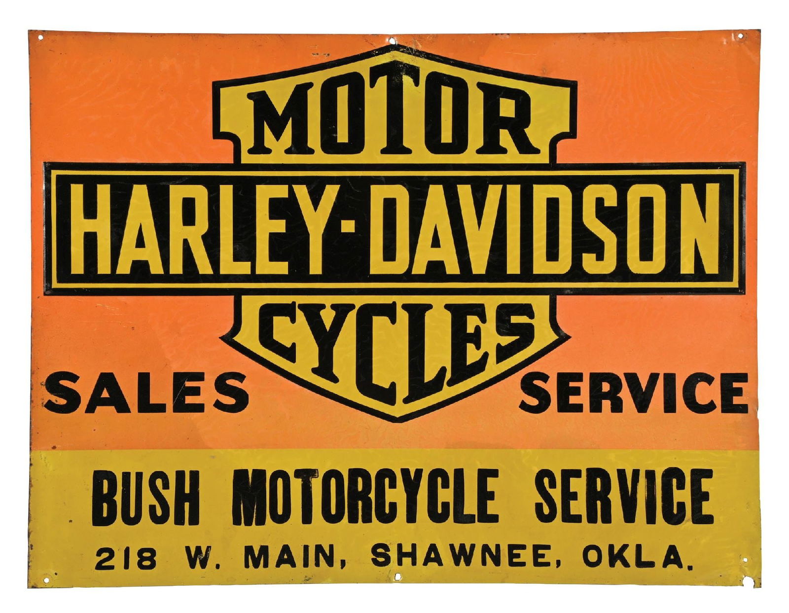 HARLEY DAVIDSON MOTORCYCLES EMBOSSED TIN SIGN FOR BUSH MOTORCYCLE SERVICE.: SST. CONDITION: Fair color & gloss throughout showing moderate to heavier paper markings in the gloss with some minimal surface scratches. Light wear at the mounting holes with some minor areas of den