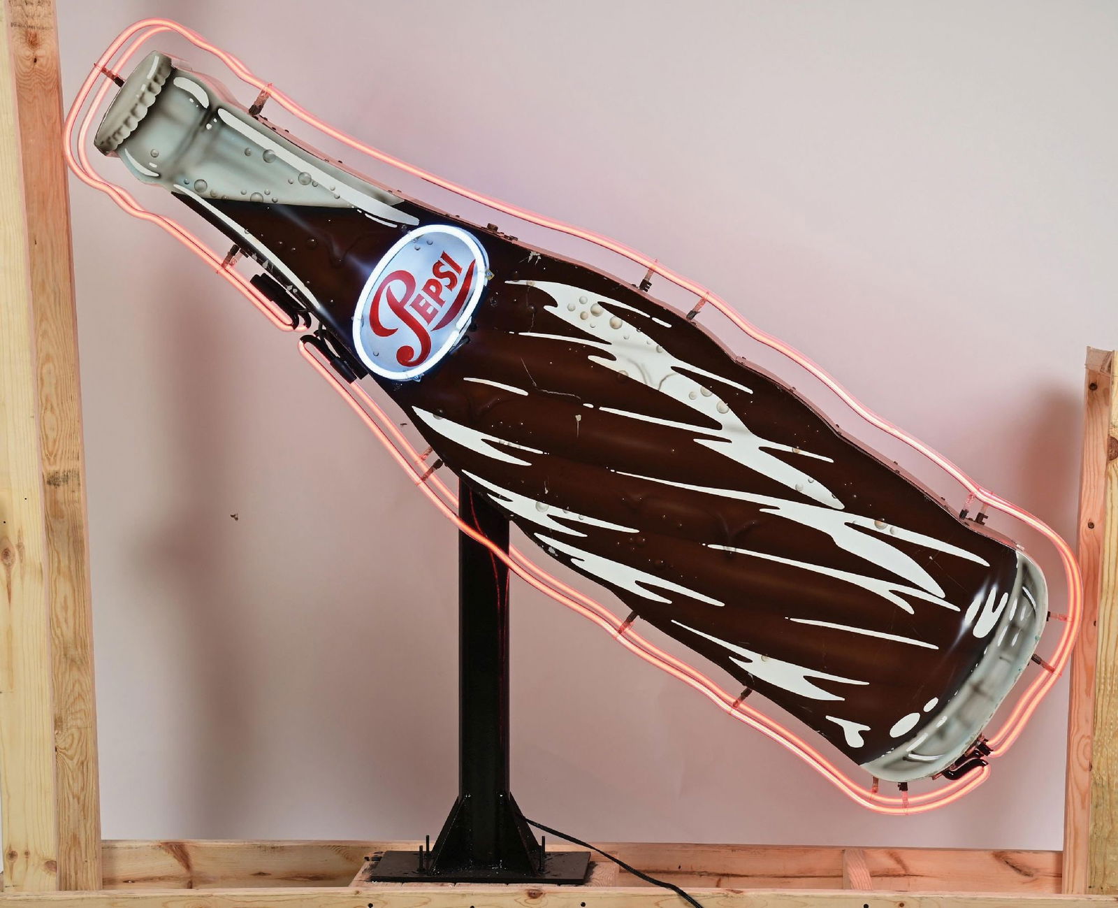 UNIQUE & RARE PEPSI BOTTLE-SHAPED DOUBLE-SIDED NEON SIGN ON METAL STAND (1 of 1)