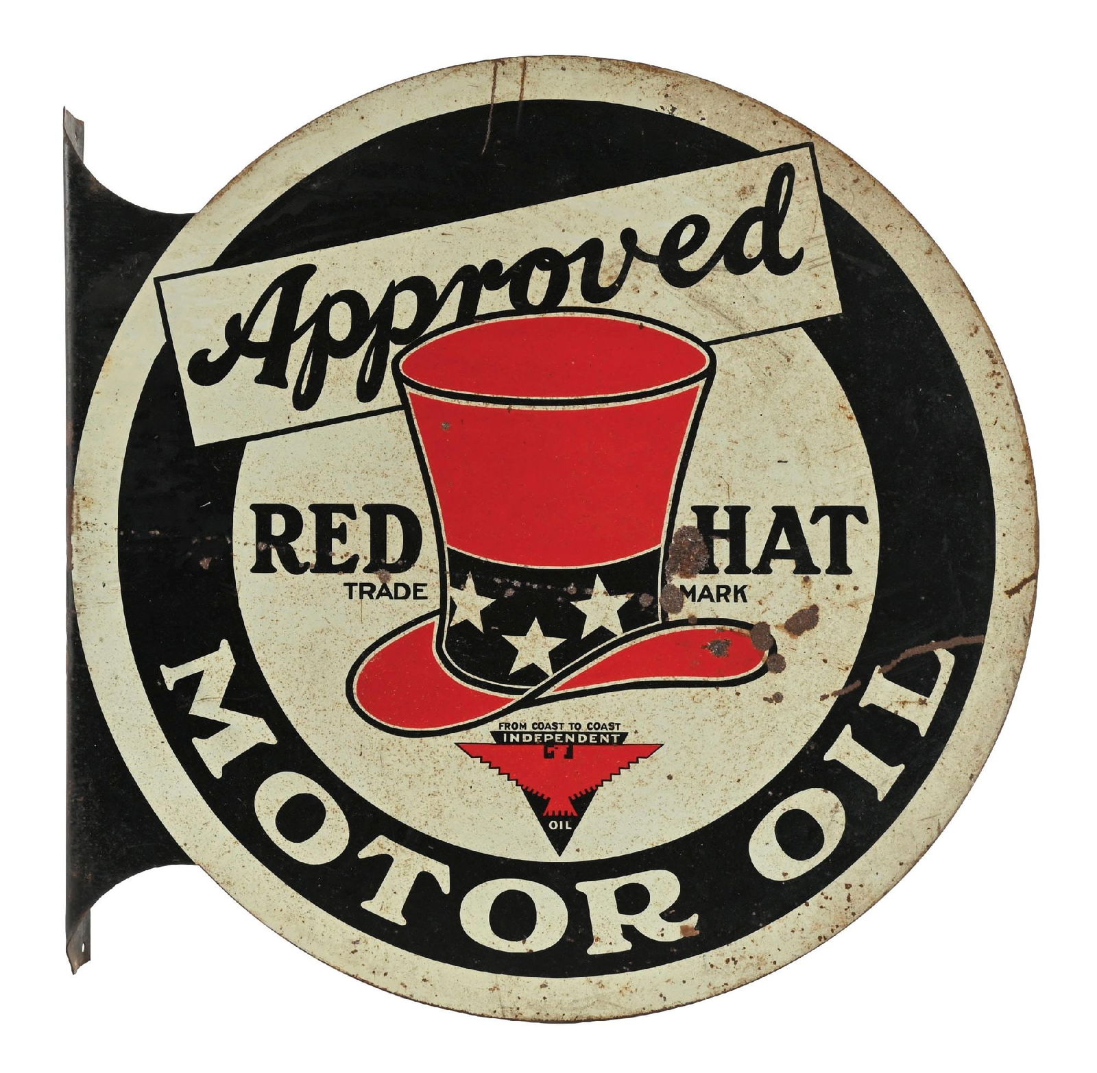 RED HAT MOTOR OIL TIN FLANGE SIGN W/ TOP HAT GRAPHIC (1 of 2)