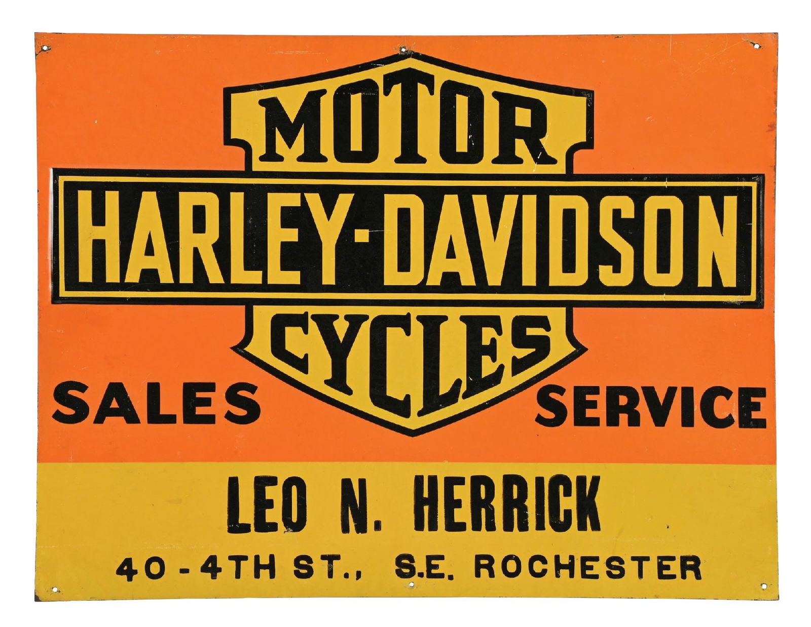 HARLEY DAVIDSON MOTORCYCLES SALES & SERVICE EMBOSSED TIN SIGN FOR LEO N. HERRICK: SST. CONDITION: Very good color and gloss throughout, showing clean bar and shield with some minimal areas of light surface scratch, as well as some faint paper markings in the field. Minor areas of s