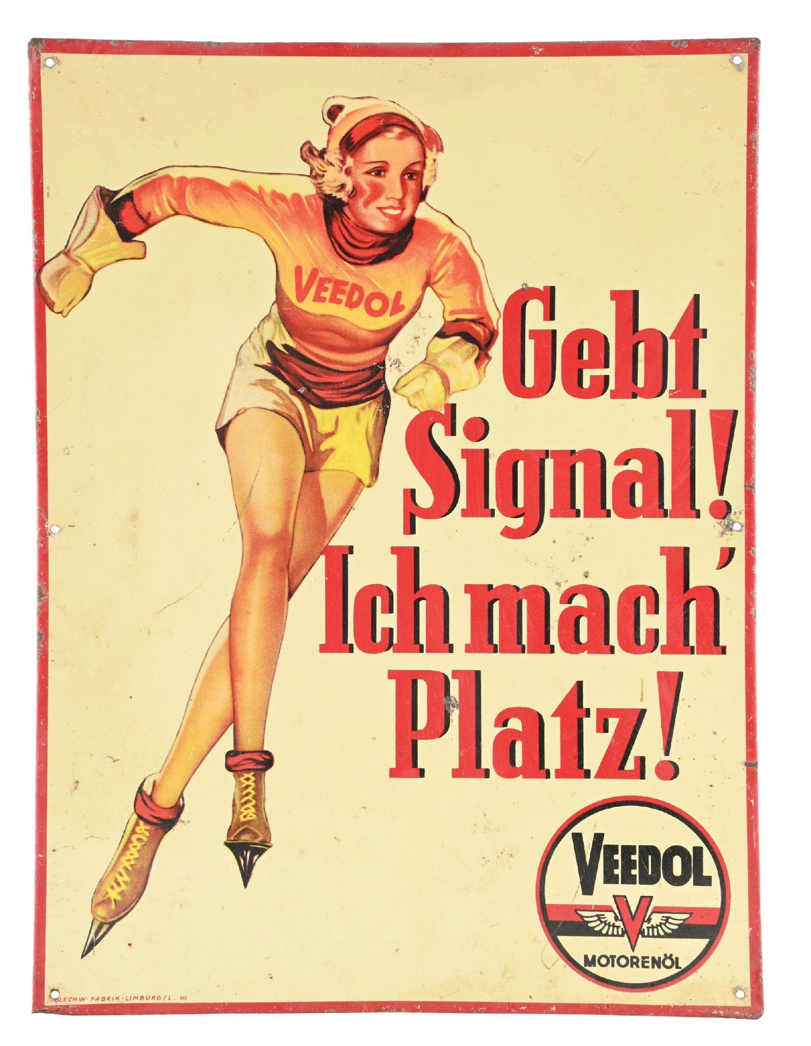 VEEDOL MOTOR OIL TIN SIGN W/ SKATING GIRL GRAPHIC (1 of 3)