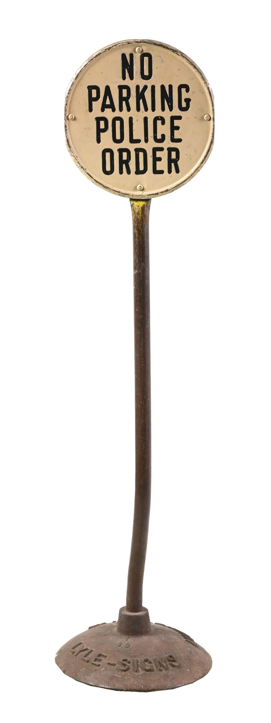 NO PARKING POLICE ORDER TIN CURB SIGN WITH ORIGINAL CAST IRON BASE (1 of 5)