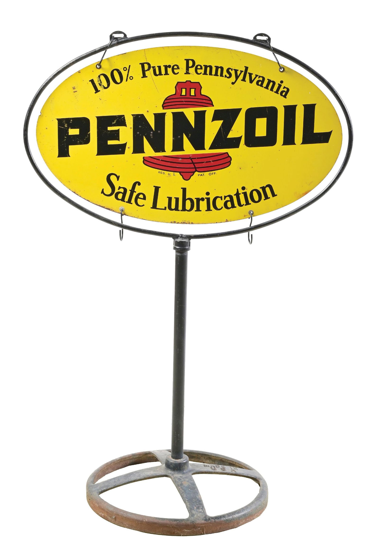PENNZOIL 100% PURE PENNSYLVANIA MOTOR OIL TIN SIGN W/ ORIGINAL STAND (1 of 5)