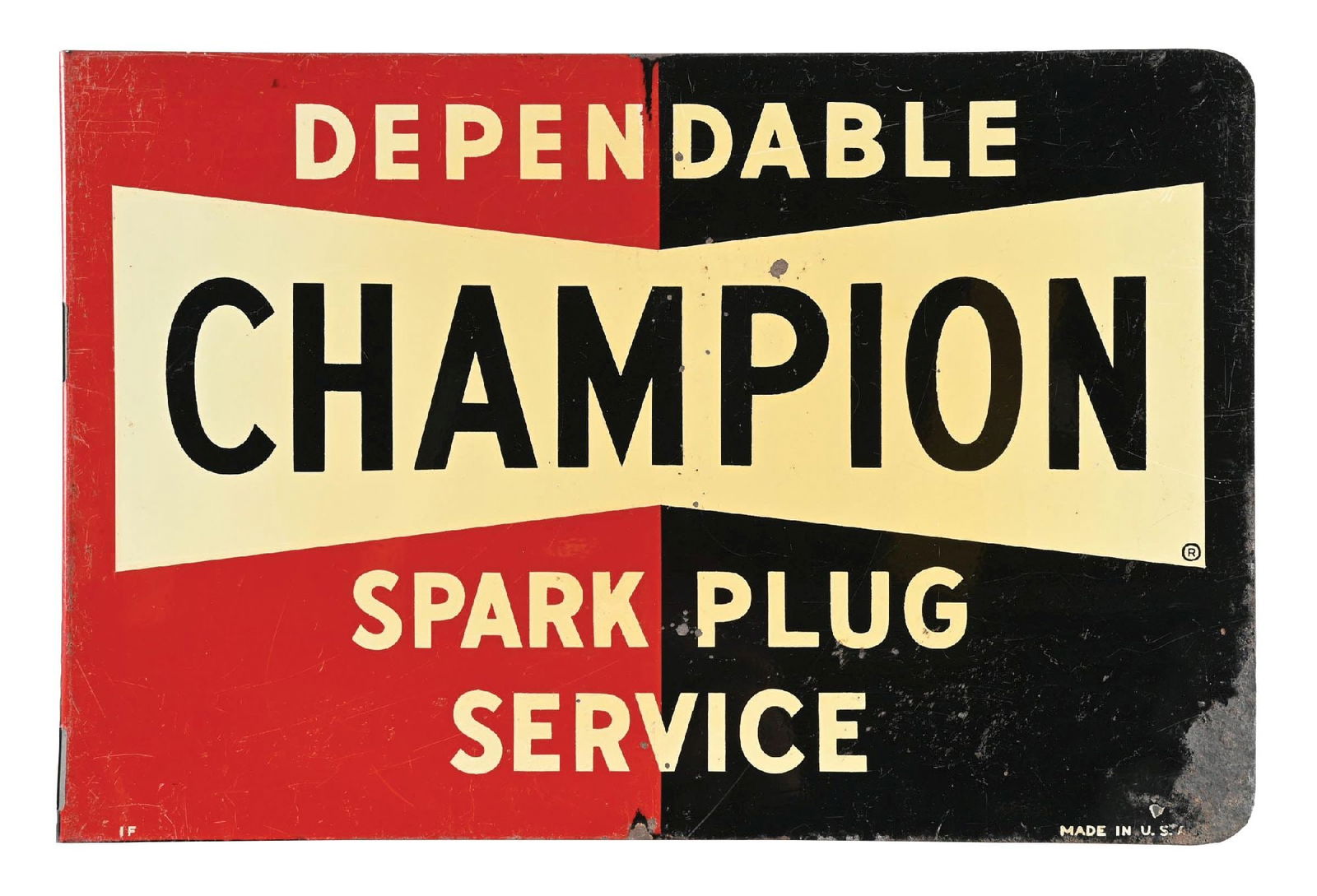 CHAMPION DEPENDABLE SPARK PLUGS SERVICE TIN FLANGE SIGN: DST. CONDITION: Bright and glossy throughout each side, with light areas of surface wear and staining in the field. Areas of paint loss at the lower edge on each side, with minor wear at the flange. O