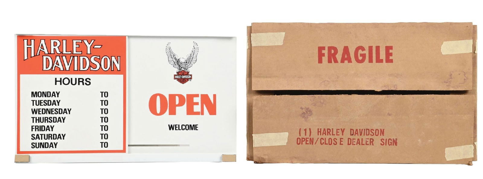 HARLEY DAVIDSON MOTORCYCLES N.O.S. DEALERSHIP HOUR CHART SIGN WITH ORIGINAL BOX: Double-Sided Plastic Sign in original shipping box. CONDITION: Outstanding original condition, showing brilliant color and gloss with no notable wear. Original box is in excellent condition, and