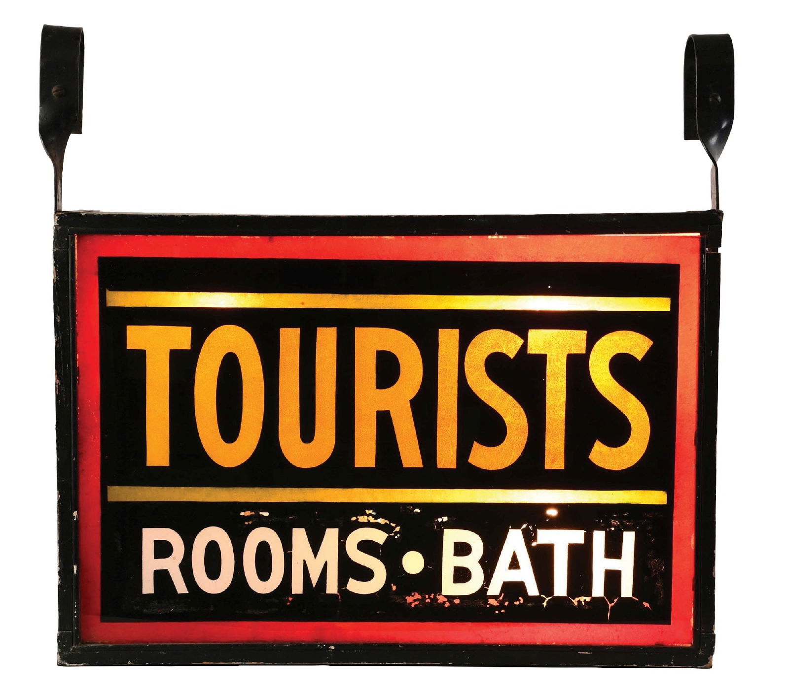 TOURISTS ROOMS & BATHS REVERSE PAINTED GLASS LIGHT-UP SIGN W/ ORIGINAL WOODEN DISPLAY CAN (1 of 5)