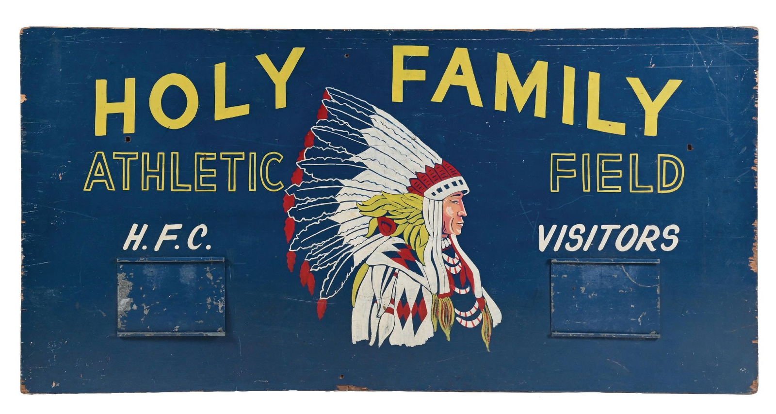 HOLY FAMILY ATHLETIC FIELD HAND-PAINTED WOODEN SCOREBOARD SIGN WITH NATIVE AMERICAN GRAPHIC: Single-Sided Hand-Painted Wooden Scoreboard showing large Native American Chief graphic. CONDITION: Sign shows an outstanding original patina throughout, with excellent condition script and graphic.
