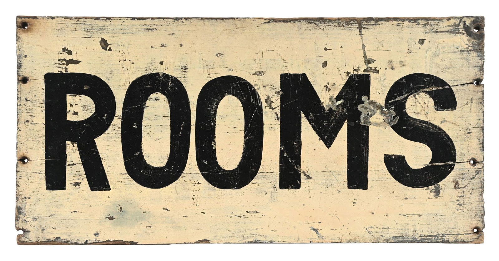 ROOMS HAND-PAINTED WOOD HOTEL SIGN: C. 1920s. CONDITION: Original throughout, showing "ROOMS" hand- painted on each side. Sign shows an excellent original patina throughout with areas of checking and surface scratches, but overall