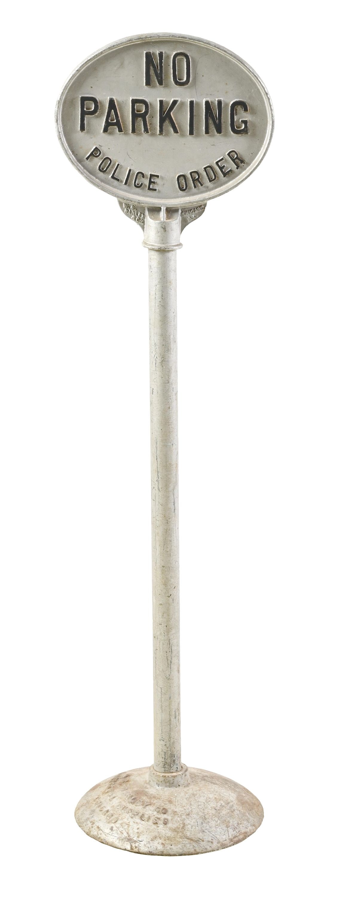 NO PARKING POLICE ORDER CAST METAL CURB SIGN WITH ORIGINAL CAST IRON BASE: Double-Sided Cast Metal Sign showing "No Parking Police Order" on each side. CONDITION: Excellent original painted surface, showing only light areas of general use and age wear. Pole in excellent