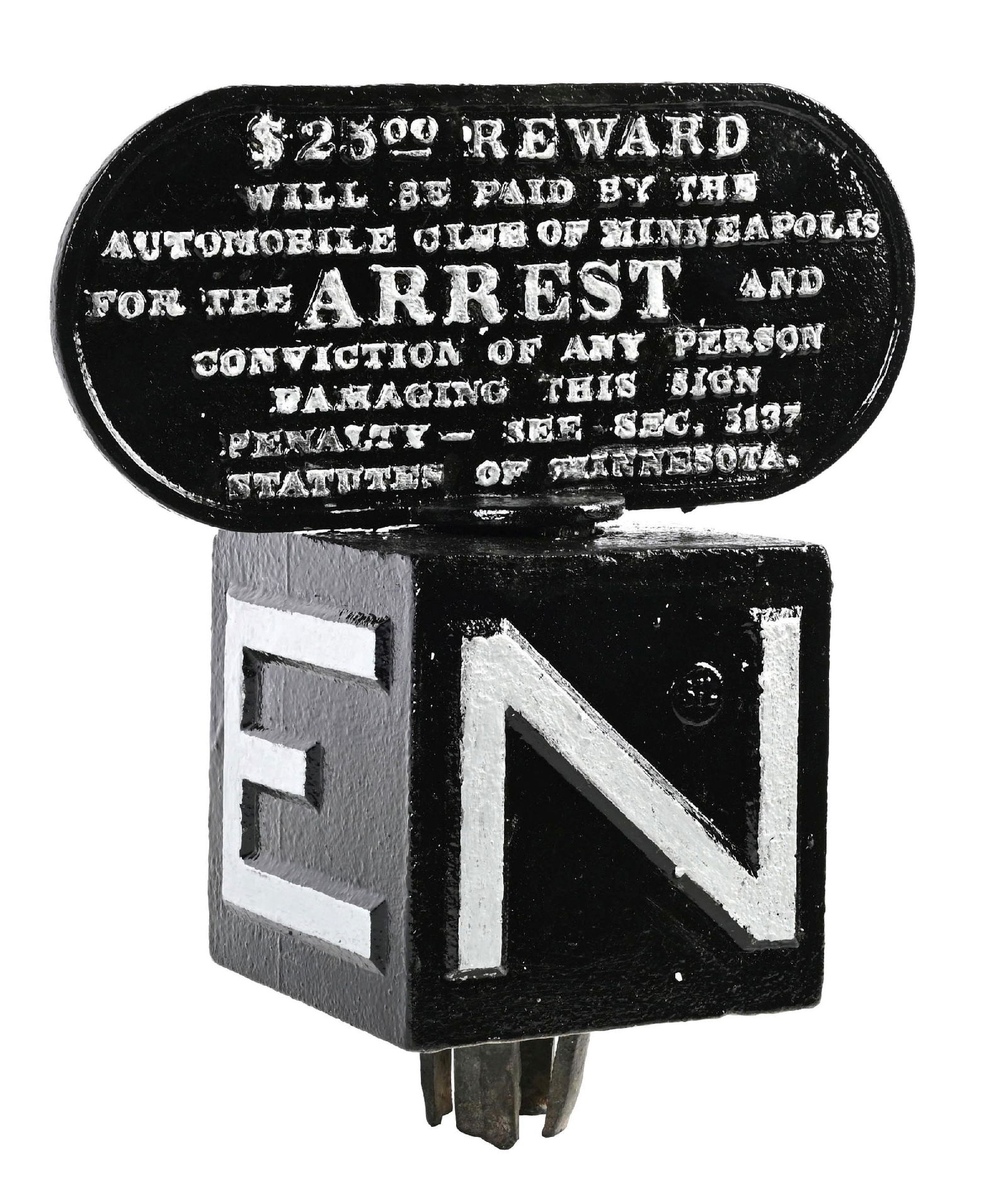 MINNEAPOLIS AUTO CLUB CAST IRON DIRECTIONAL SIGN W/ REWARD PLAQUE: C. 1910's Double-Sided Cast Iron. CONDITION: Sign shows a full restoration throughout all sides, showing silver and black glossy paint. Showing only minimal wear to the paint, the bottom attachment