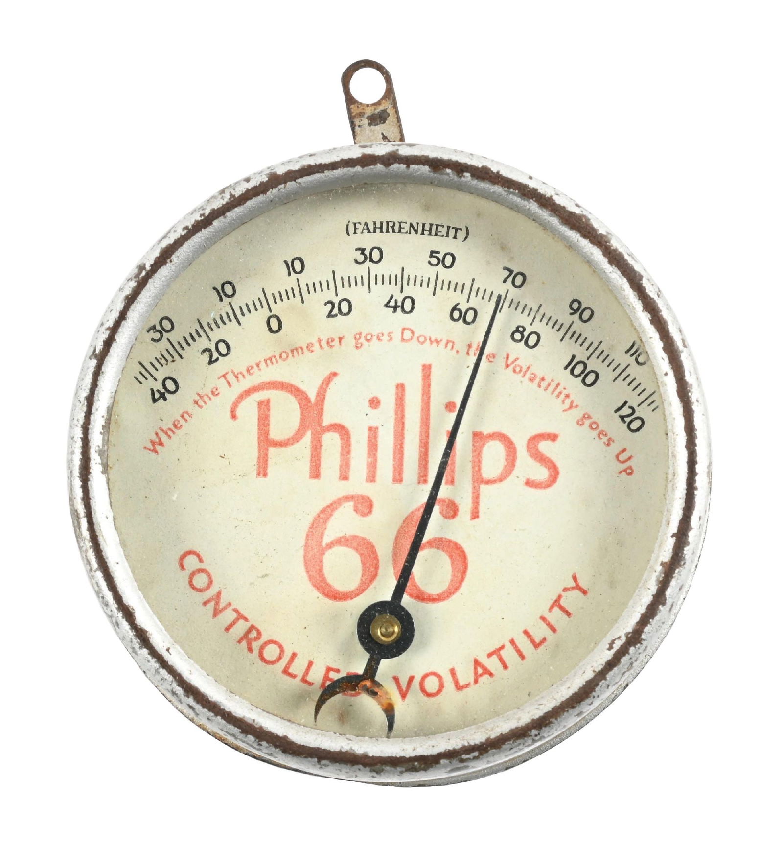 RARE PHILLIPS 66 MOTOR OIL GLASS FACED THERMOMETER.: Single-sided tin face thermometer with original outer glass intact. C. 1930s. CONDITION: Excellent original condition, showing light areas of minimal surface wear on the advertising face, overall