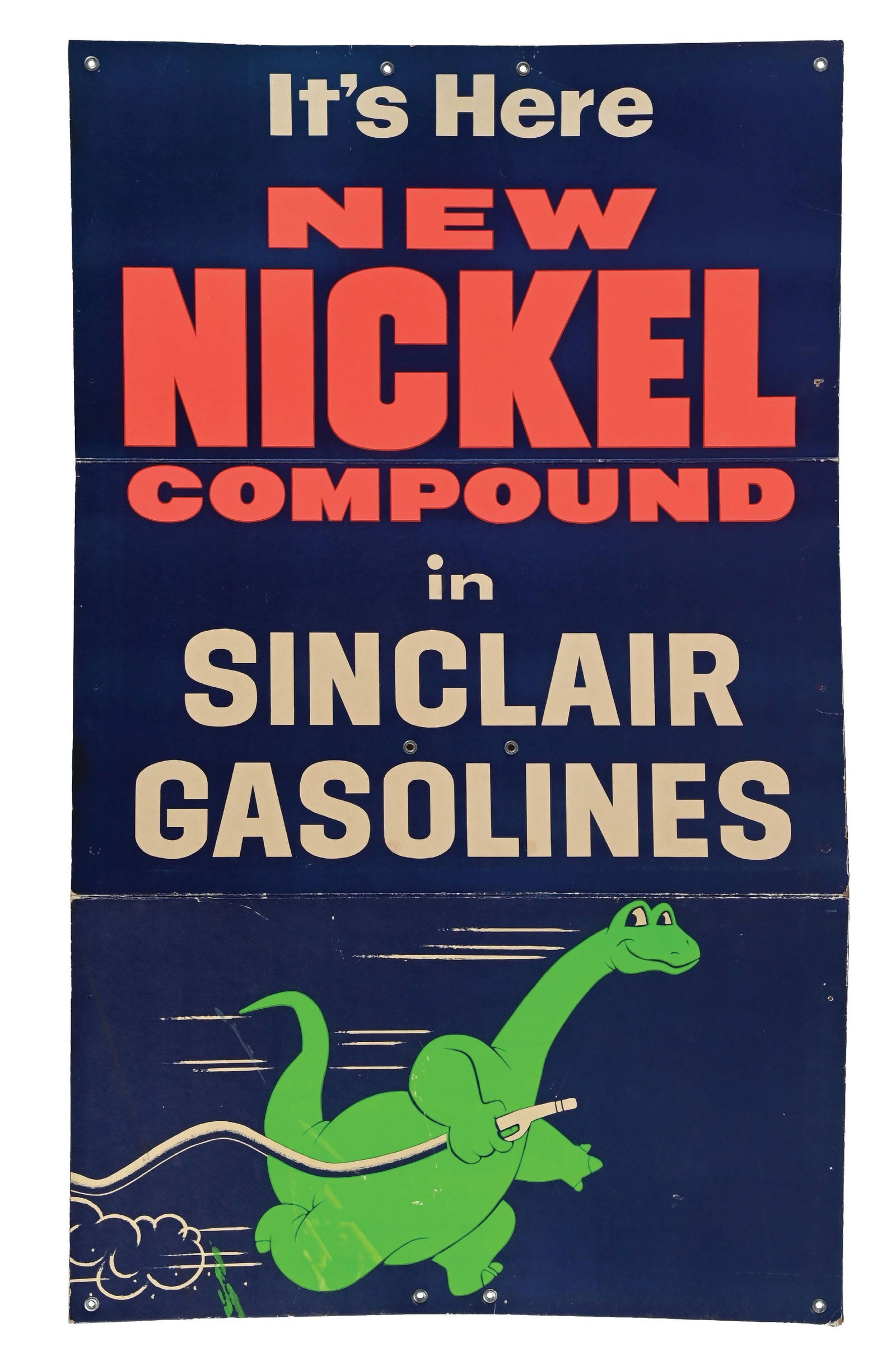 SINCLAIR GASOLINE LARGE TRI-FOLD CARD STOCK SERVICE STATION BANNER: Single-Sided Card Stock. CONDITION: Excellent color throughout, showing very good condition graphic with light areas of surface scratching and wear at the edges. Lettering is very clean, with light