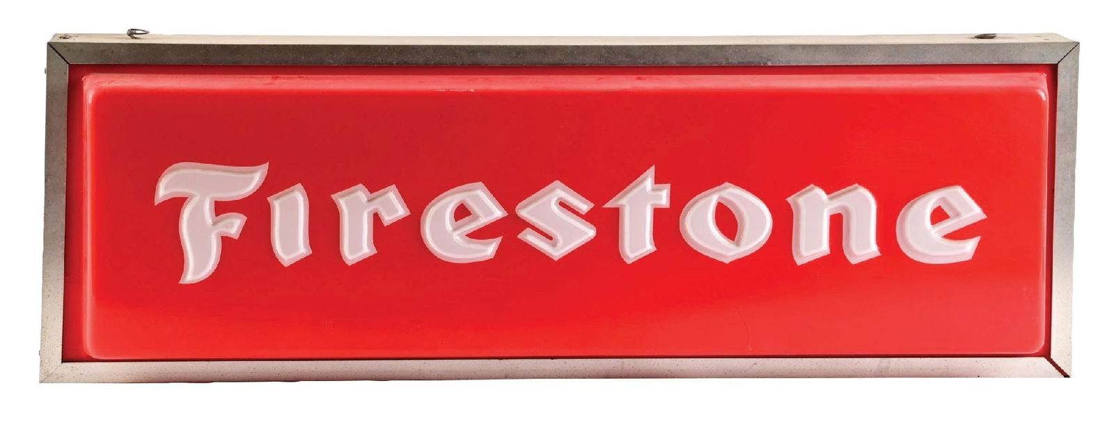 FIRESTONE TIRES EMBOSSED PLASTIC LIGHT- UP SIGN: Double-sided embossed plastic faced sign with metal framing. CONDITION: Faces each in excellent condition, showing bright color and gloss with limited areas of light storage wear. Metal body showing